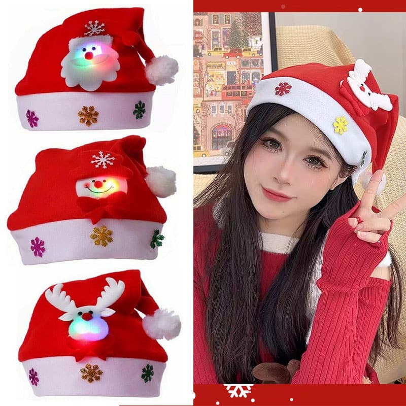 Chapéu de Natal Vermelho Brilhante de Papai Noel, Boneco de Neve e Rena para Crianças e Adultos, Suprimentos para Decora
