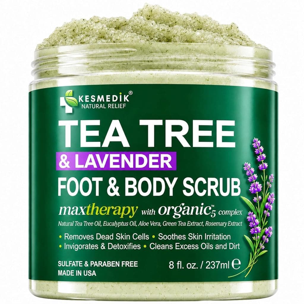 KESMEDIK Esfoliante para Pés e Corpo com Óleo de Tea Tree, Sal do Himalaia e Manteiga de Karité, Esfoliante Antifúngico