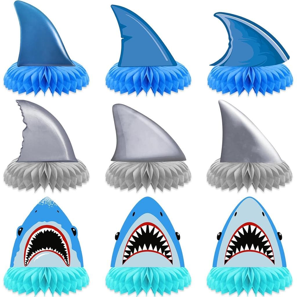 9 Peças de Decorações de Aniversário Baby Shark: Centro de Mesa em Forma de Barbatana de Tubarão, Decoração de Mesa com