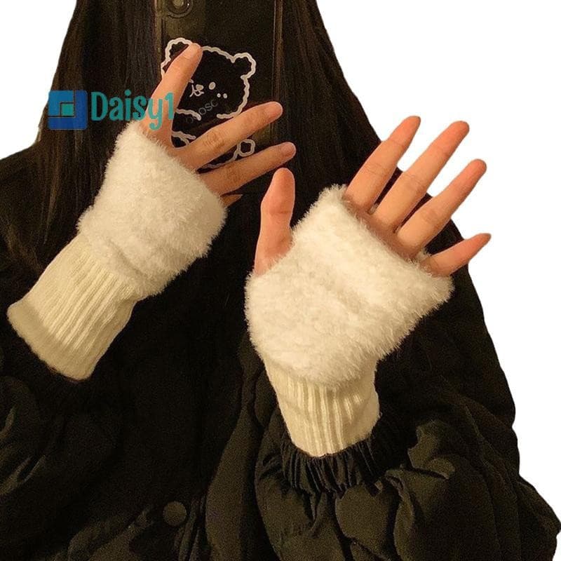 Daisy1 Mink Fleece Macio Inverno Calor Luvas De Meio Dedo Para Mulheres Cor Sólida Pelúcia Malha Sem Dedos Pulso Escrita