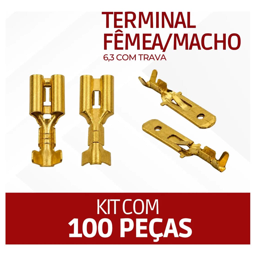 Kit 100 Terminal Femea 6,3 (50) + Macho 6,3 (50) Com Trava