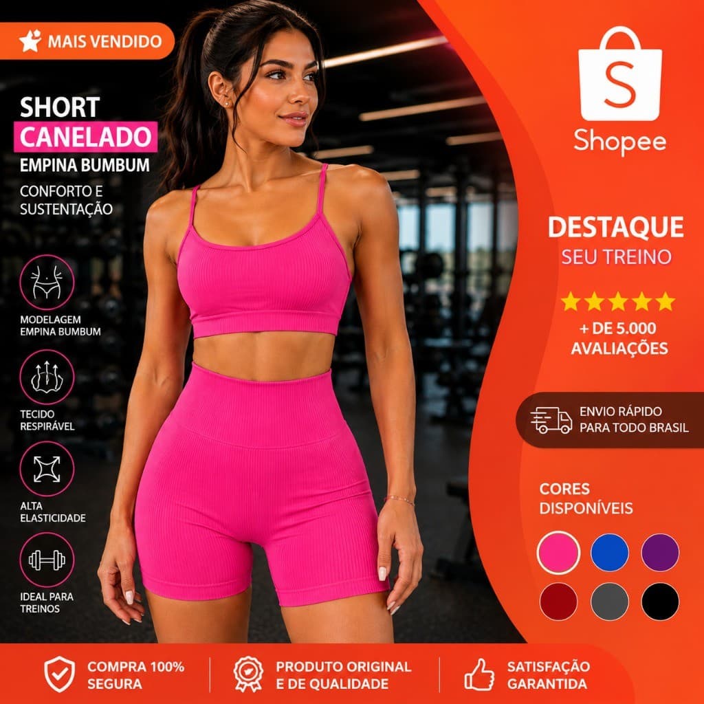 Short Academia Feminino Canelado Empina Bumbum Cintura Alta Fitness Treino Academia Casual Moda 2026