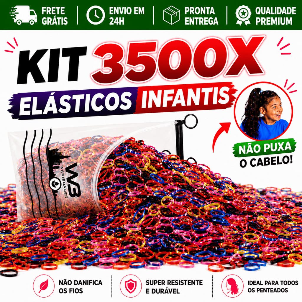 Kit 3500 Unidades Elástico de Cabelo Infantil Feminino Multicolorido com Necessaire Pronta Entrega