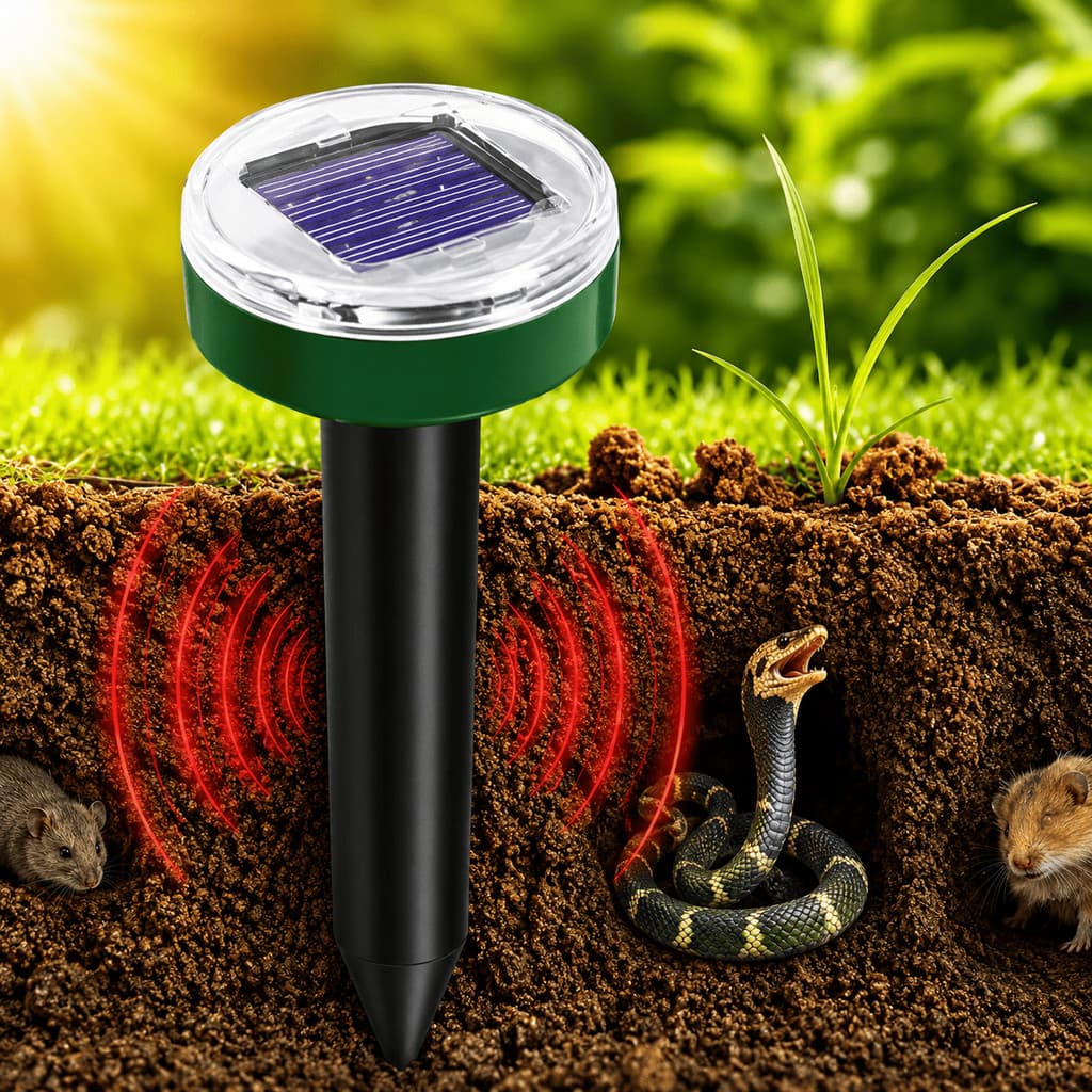 Repelente Ultrassônico Solar Solo Roedores Ratos Cobras Jardim 360 Graus 24h Ecológico Barreira Sonora Terreno Novo