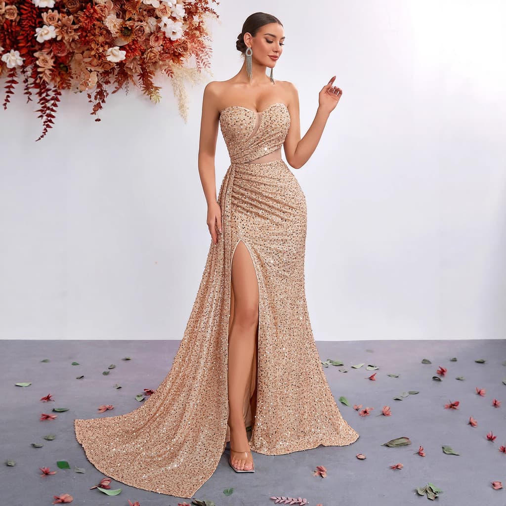 Vestido de noite luxuoso, sem alças, com lantejoulas, cintura alta, fenda e corte sereia, elegante e sofisticado para fe
