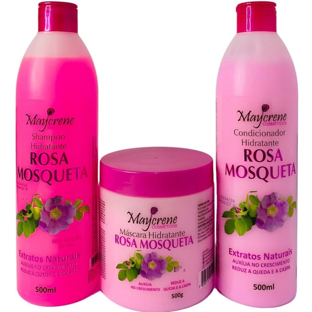 Kit Capilar Rosa Mosqueta 500ml Maycrene - Shampoo + Condicionador + Máscara Capilar