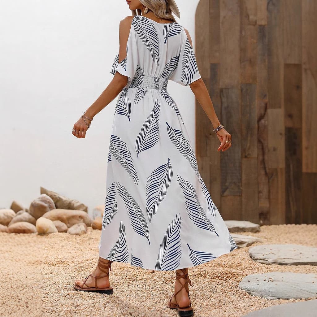 Real Shot Ready Stock Venda quente Tropical estampado fenda com decote em V vestido estilo férias