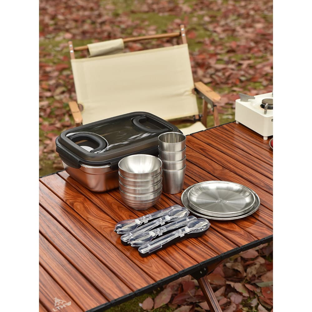 LTHW conjunto portátil de utensílios de mesa para viagem ao ar livre, suprimentos de acampamento, tigelas de piquenique,