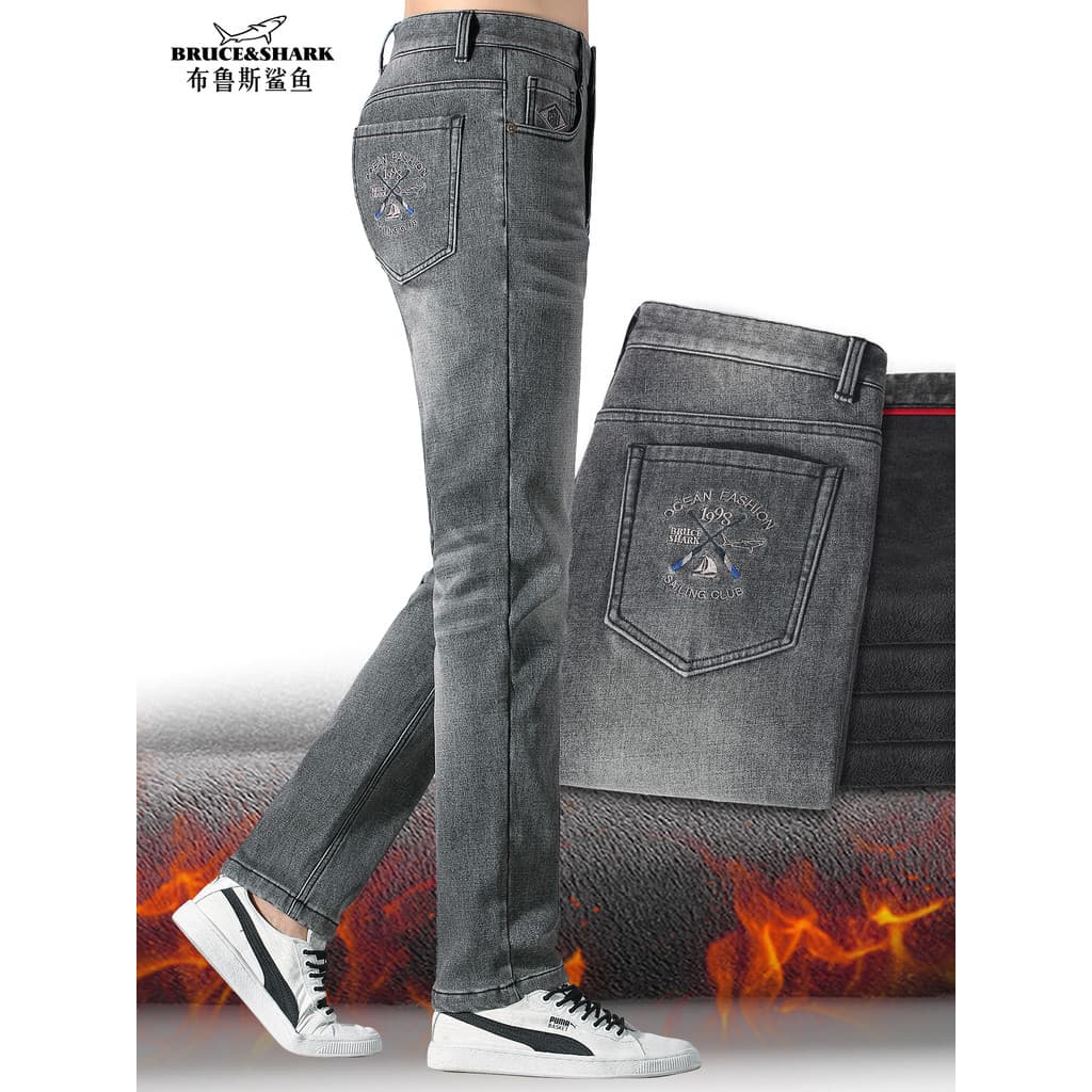 Outono inverno estilo forro de lã Jeans masculino engrossado calças retas Bruce Shark Street Wear Plus Size masculino Lo
