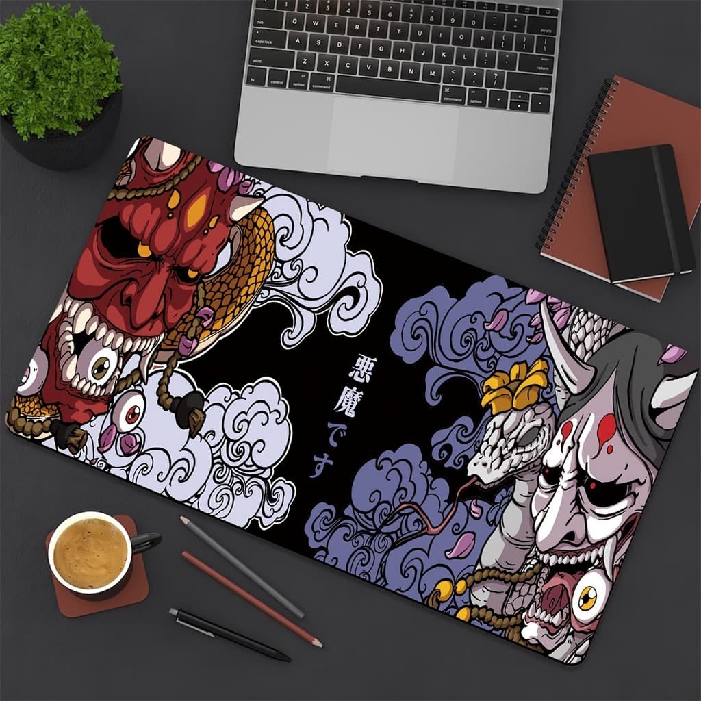 Mousepad Decorativo Estilo Ukiyo-e Máscaras Oni Nuvens Ideal para Setup Estético Brasileiro