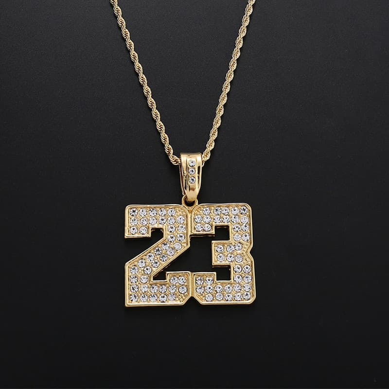 Novo colar de hip hop com conjunto de diamantes, pingente de basquete 23, colar de moda