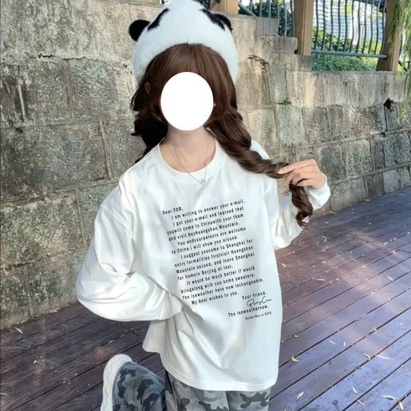 American Street manga comprida camiseta feminina primavera outono carta impressão roupas infantis início do outono manga