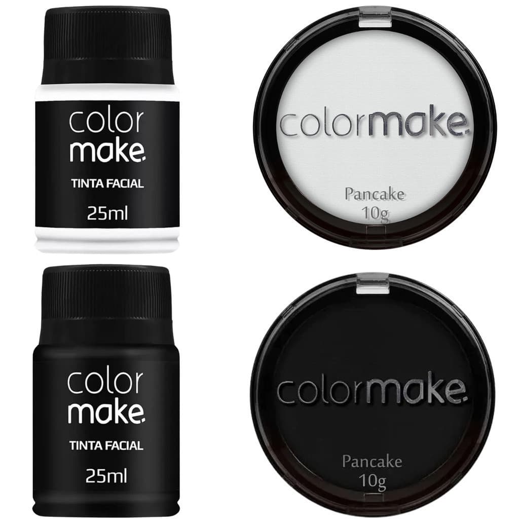 Kit Maquiagem Preto E Branco Colormake 02 Pancake + 02 Tinta Liquida 25ml Para Halloween Fantasia