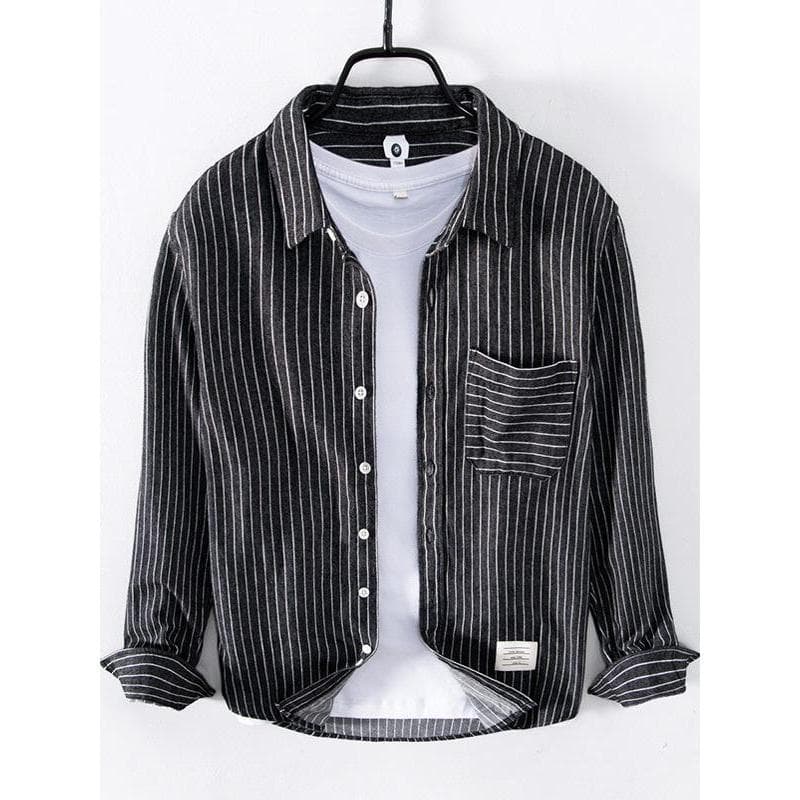 Primavera outono novo estilo japonês Retro listrado de manga comprida camisa Casual masculina puro algodão bolso preto c