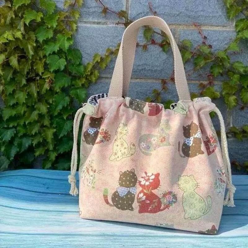 Saco de pano requintado estilo japonês amor bolsa almoço saco de lona lancheira saco de almoço cordão mão transportar