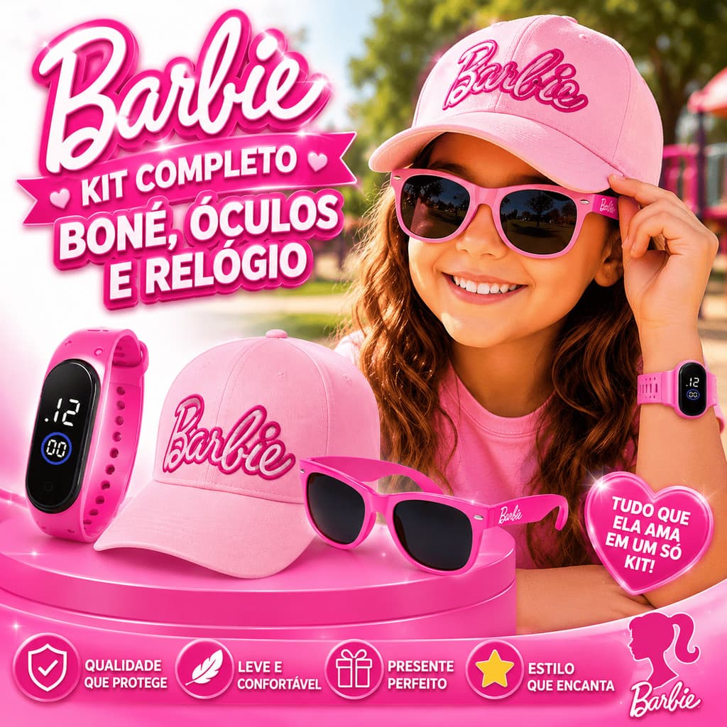 Kit Barbie Infantil Boné Óculos Relógio Digital Menina Rosa Presente Festa