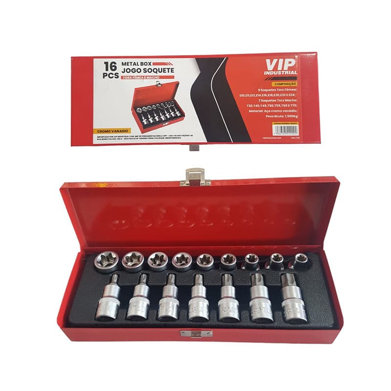 Jogo de Soquetes Torx Macho e Femea 1/2" 16 peças Vip