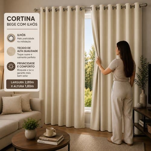 Cortina Blackout Tecido Premium cor Bege para Sala E Quarto Corta Luz Blecaute Elegante Com Ilhós Alta Qualidade