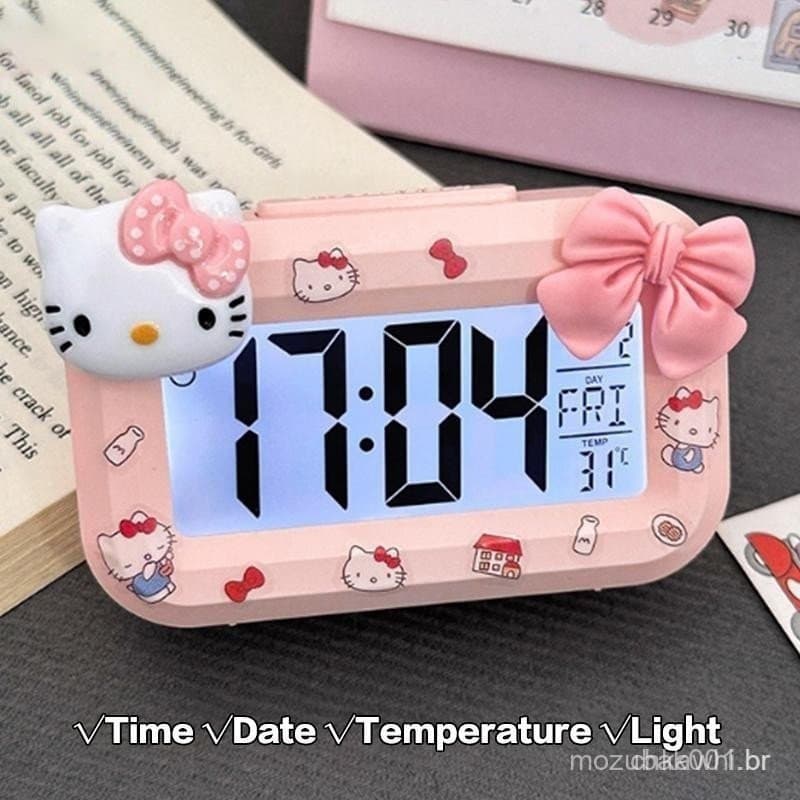 Sanrio Hello Kitty Despertador Dos Desenhos Animados Mini Gatinho Gato Noctilucente Despertadores Dormitório Desktop Orn