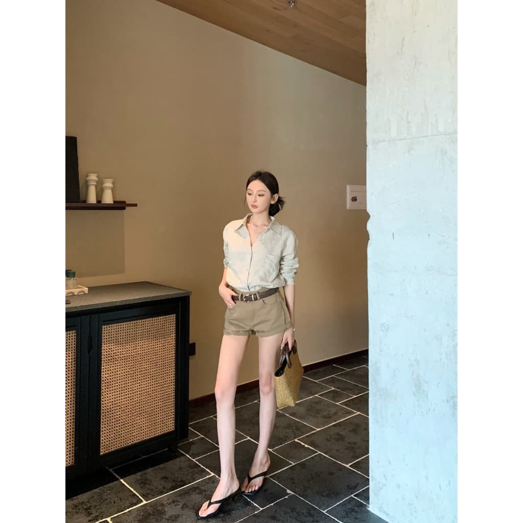 Kumikumi moda terno solto All-Match camisa de manga comprida feminina verão cintura alta mais magro olhar Casual Shorts