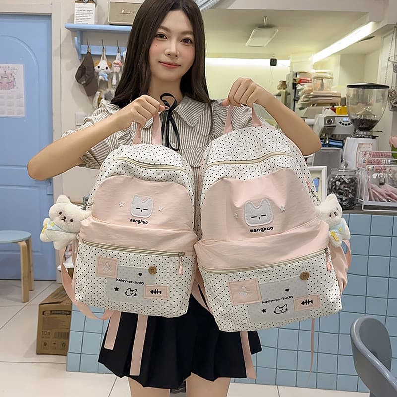 Japonês novo estilo de alto valor fresco doce bonito gato bolinhas mochila estudantes do ensino médio leve primavera Out