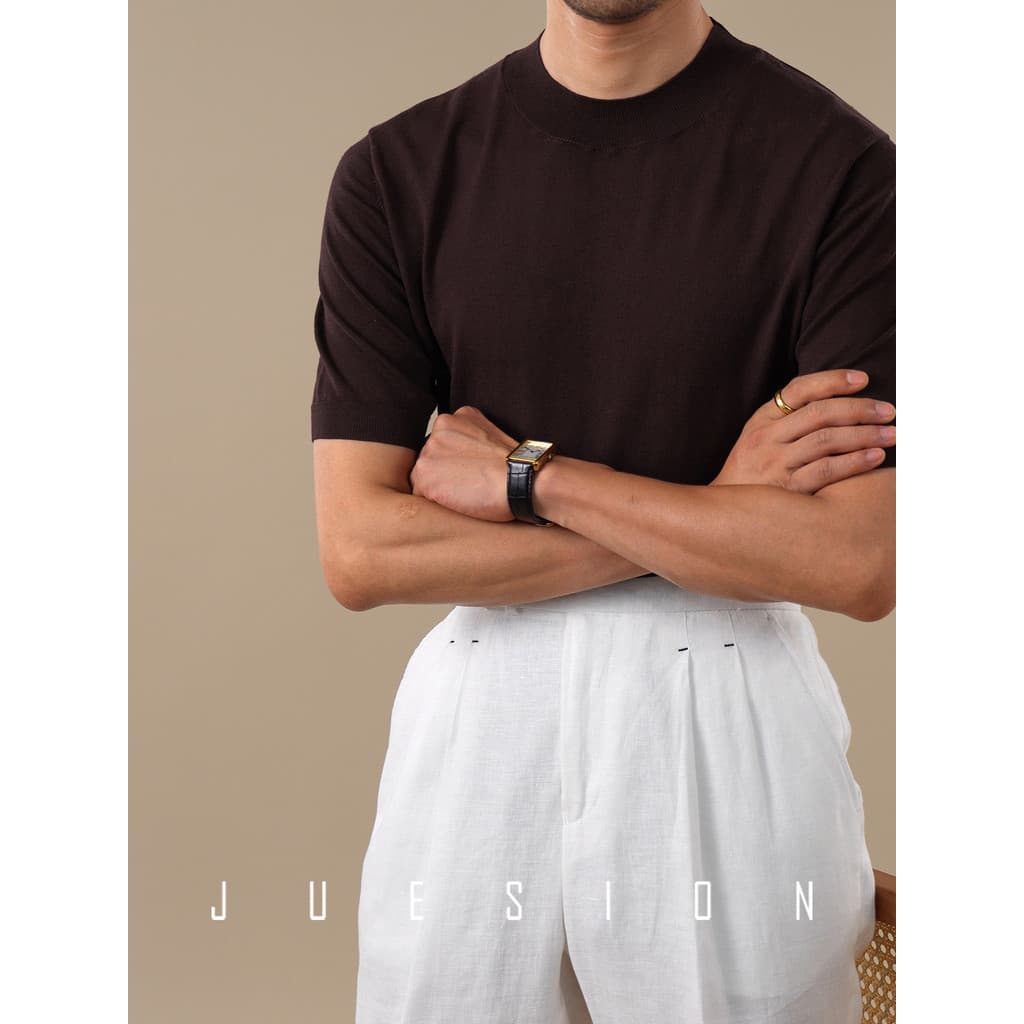 [Cool Feeling Acetate Silk] JUSION Camiseta masculina leve respirável de manga curta Casual All-Match com gola redonda