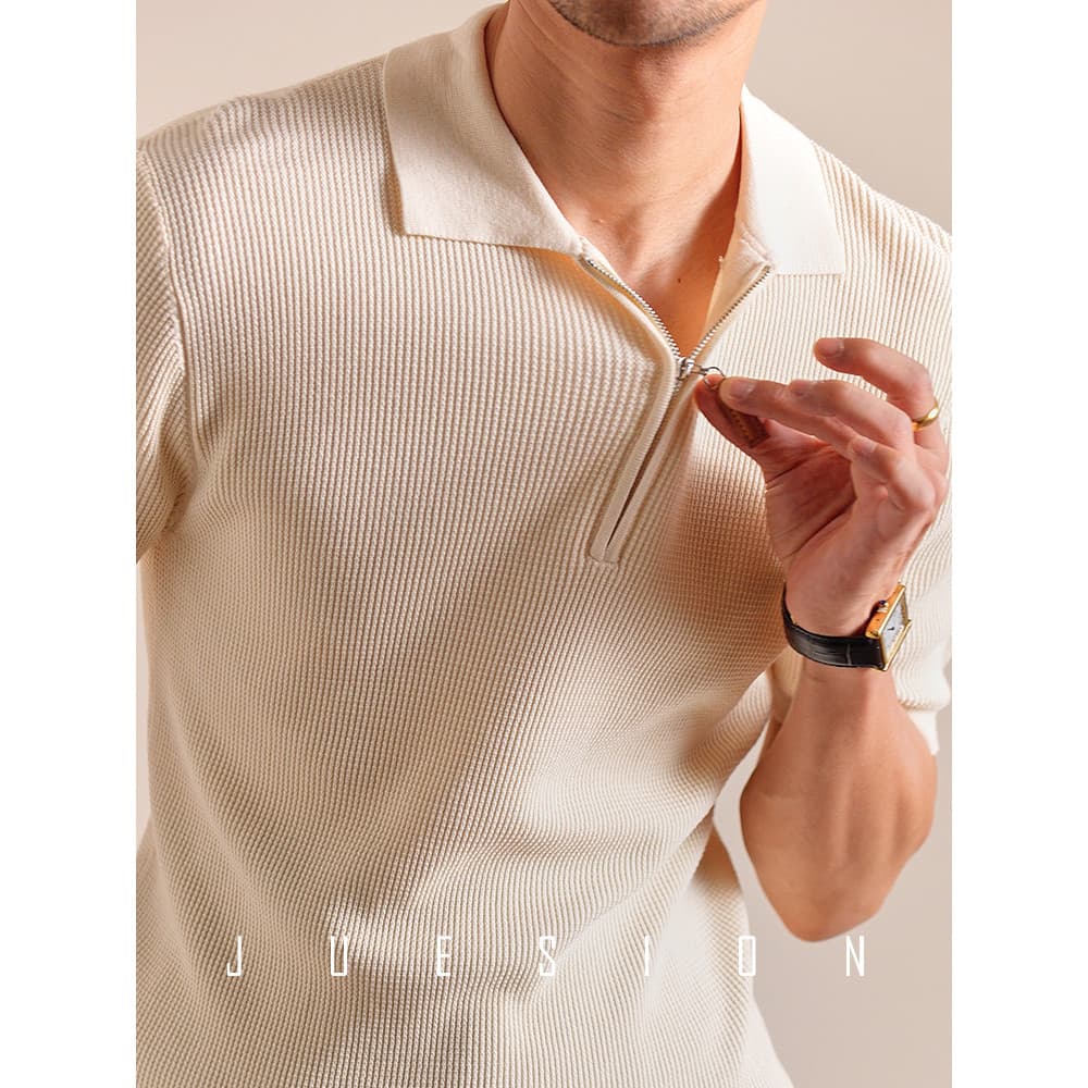[Algodão de fibra comprida Tencel] JUSION Camisa Polo de malha leve masculina de manga curta com zíper lapela Casual mei