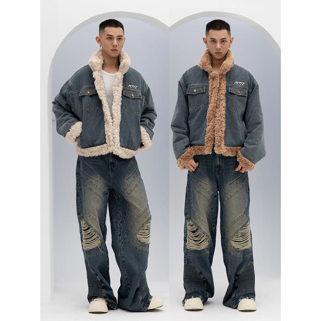 CLP Damasco Café Retro Gola De Pele Jaqueta Jeans Acolchoada Jaqueta Acolchoada Imitação De Lã De Cordeiro Homens Mulher