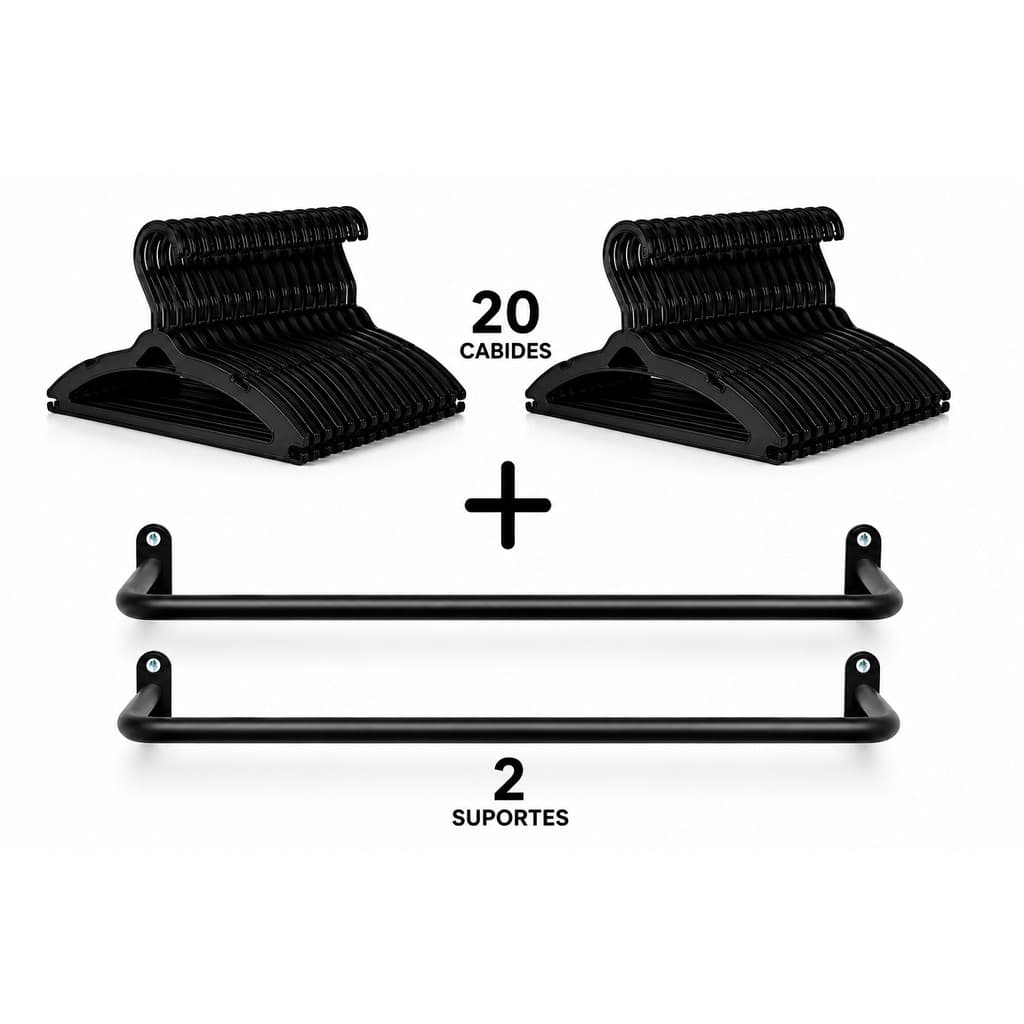 2 SUPORTE PARA ROUPA 70CM + 20 CABIDES REFORÇADOS - PRETO