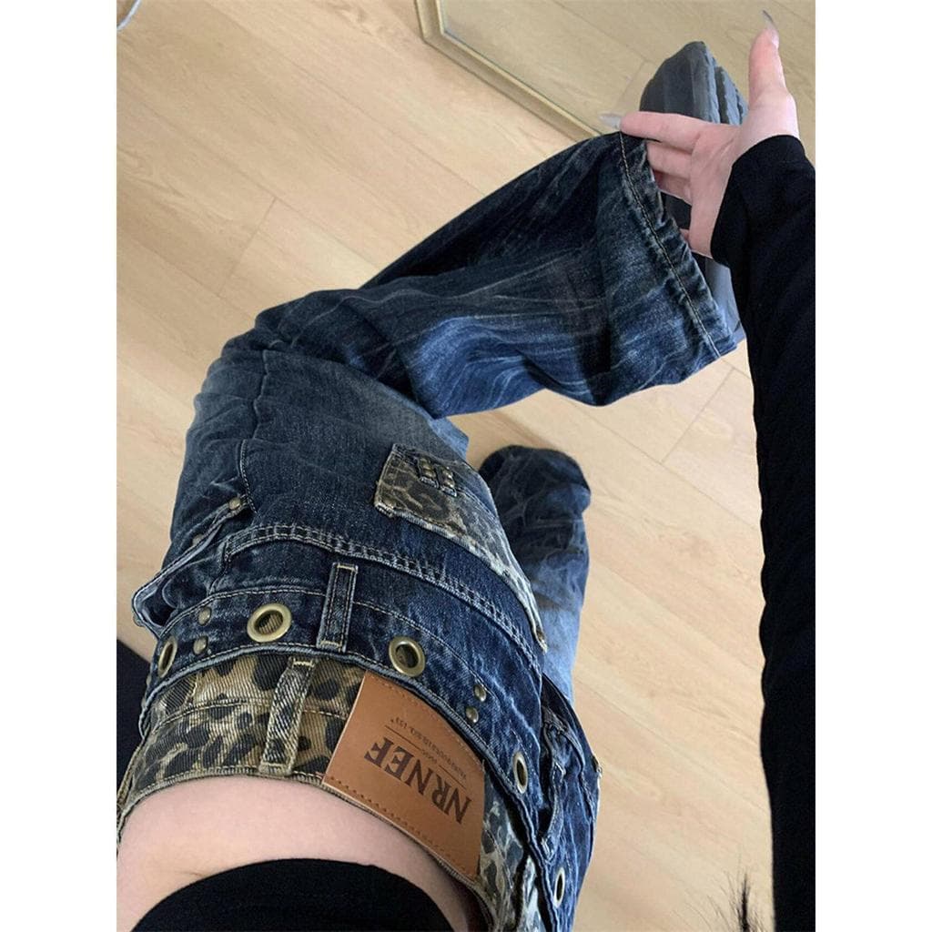 Nacional na moda angustiado lavado leopardo impressão costura calças duplas Jeans das mulheres dos homens americano Retr
