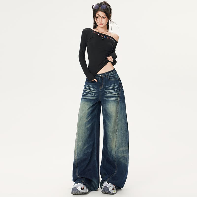 2026 outono novo estilo quente menina moda estilo Retro na moda solto Machete calças de perna larga calças de brim femin