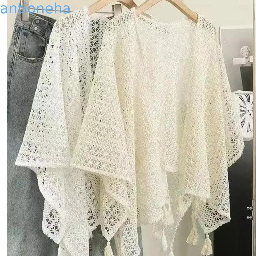 ANTIONEHA Malhas Vazadas , Xale Estilo Étnico Com Borla Férias De Crochê Feminino Boêmio
