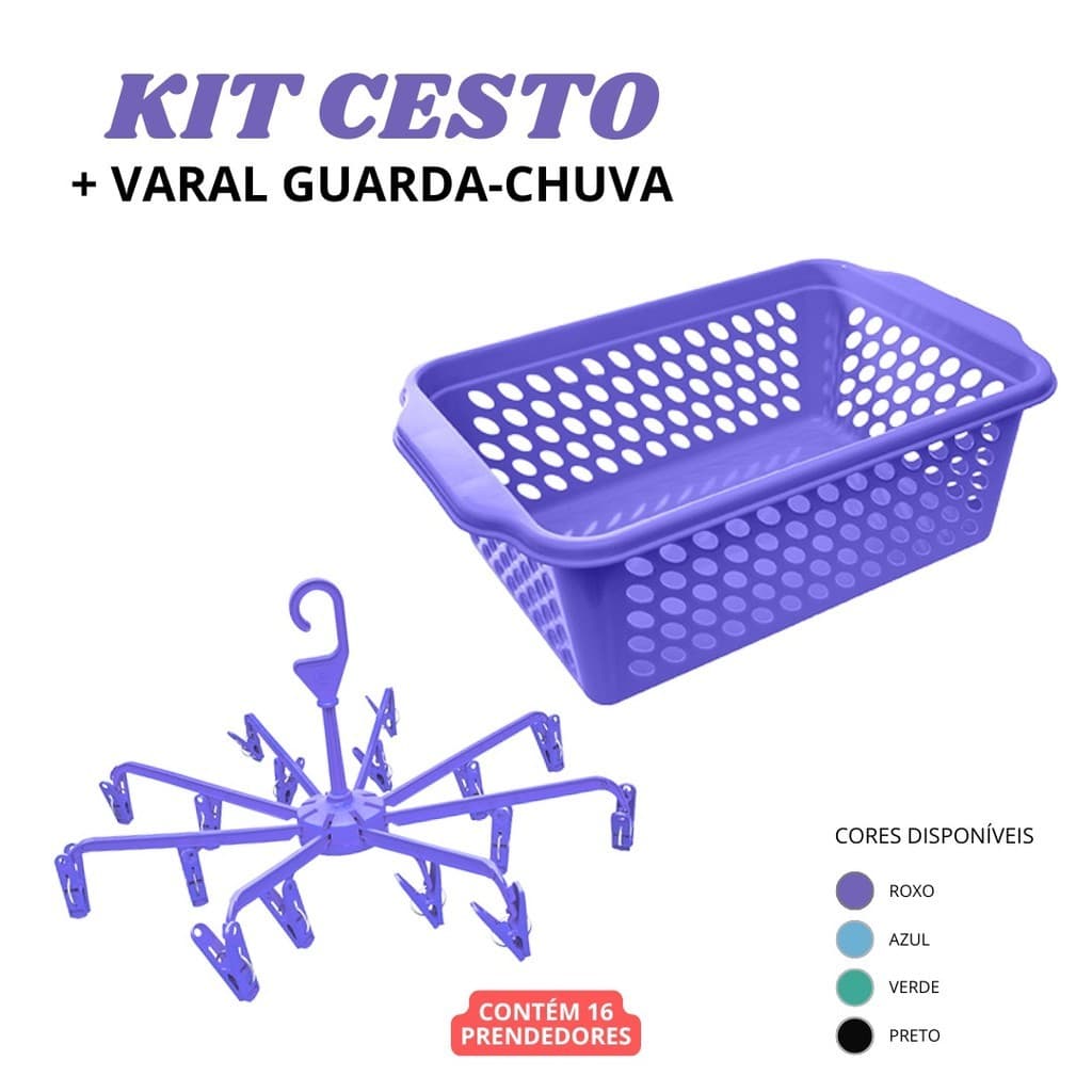 Kit Cesto Organizador e Varal Guarda Chuva 16 Prendedores Dobrável  Multiuso