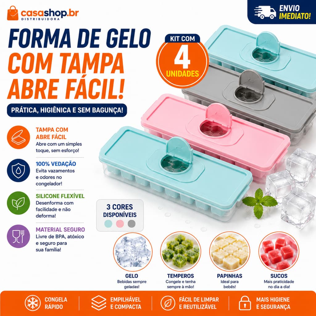 Kit 4 /6 Forma de Gelo com Tampa Enche Fácil Reutilizável para Freezer Ideal Para Temperos e Papinha