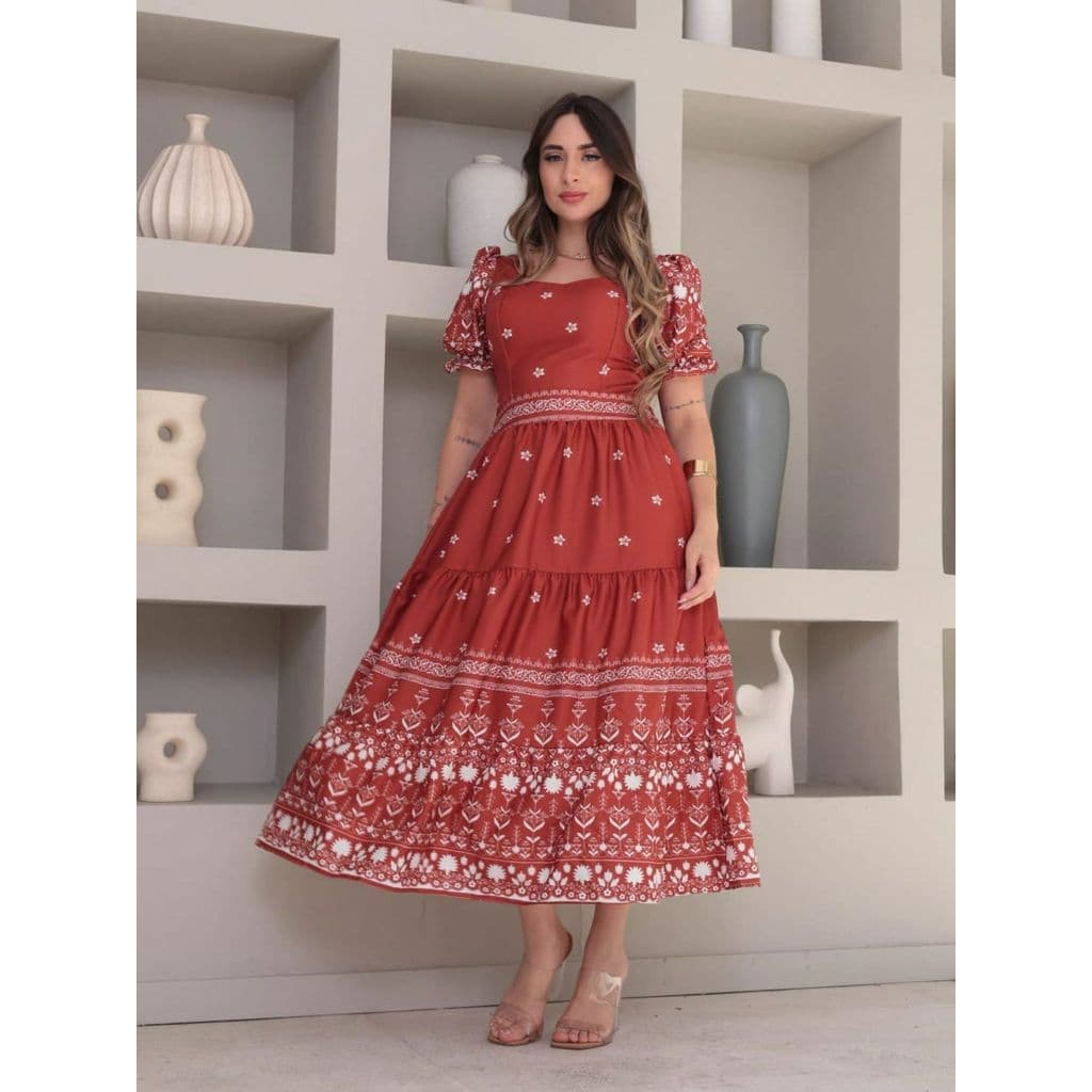vestido midi elegante estampado crepinho lastex na costa manga curta