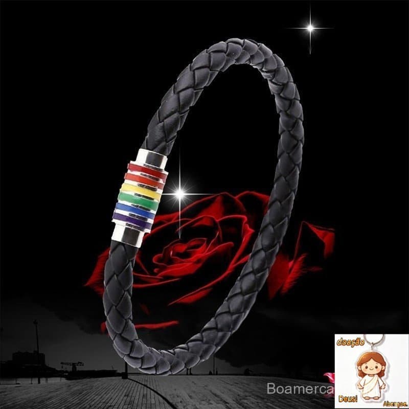 bbyter Creative Fashion Titanium Steel Magnet Rainbow Flag Lgbt Pride Charm Bracelet Leather Weave Plaited Gay Jewelry