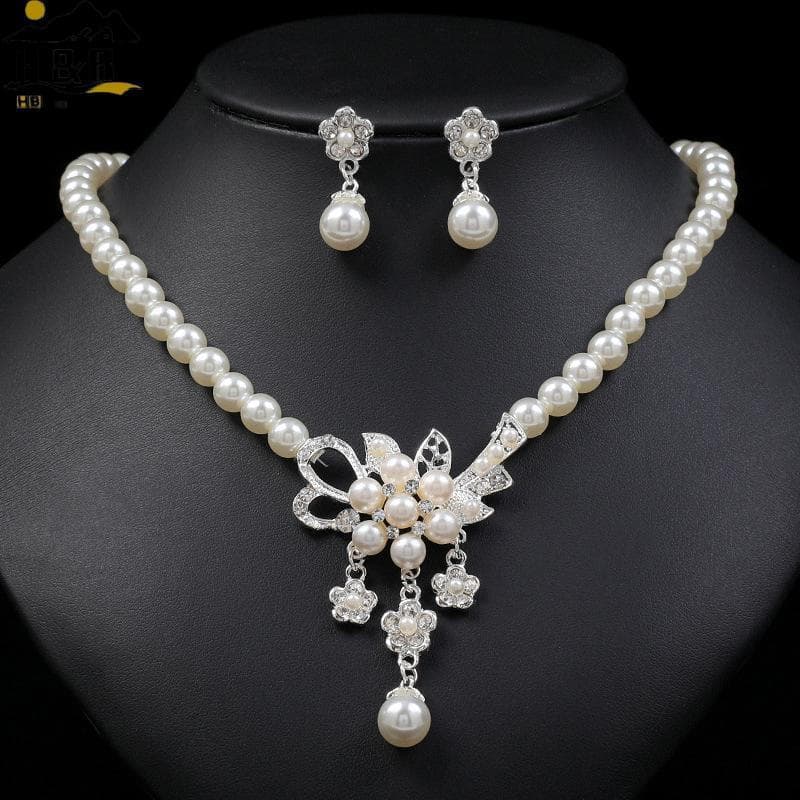 [H & B Out] 1 Conjunto Feminino Colar Frisado Brilhante Pérolas Falsas Strass Embutido Flor Noiva Brincos Kit { ph }