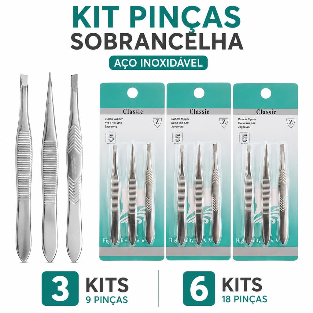 Kit Pinças de Sobrancelha Aço Inoxidável 3 Pontas Precision 3 ou 6 Kits