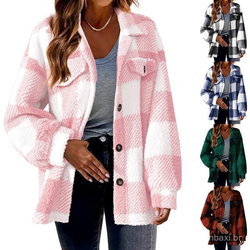 Roupas femininas transfronteiriças 2025 novo estilo outono inverno com bolsos xadrez cordeiro lã jaqueta botão jaqueta d