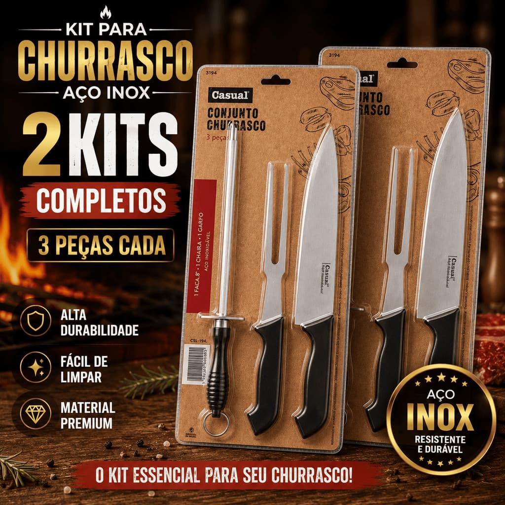 KIT 2 Conjuntos Churrasco 3 Peças Inox Cabo de Plástico Facão Chaira Garfo Trinchante Cozinha Faca Amolador Preto