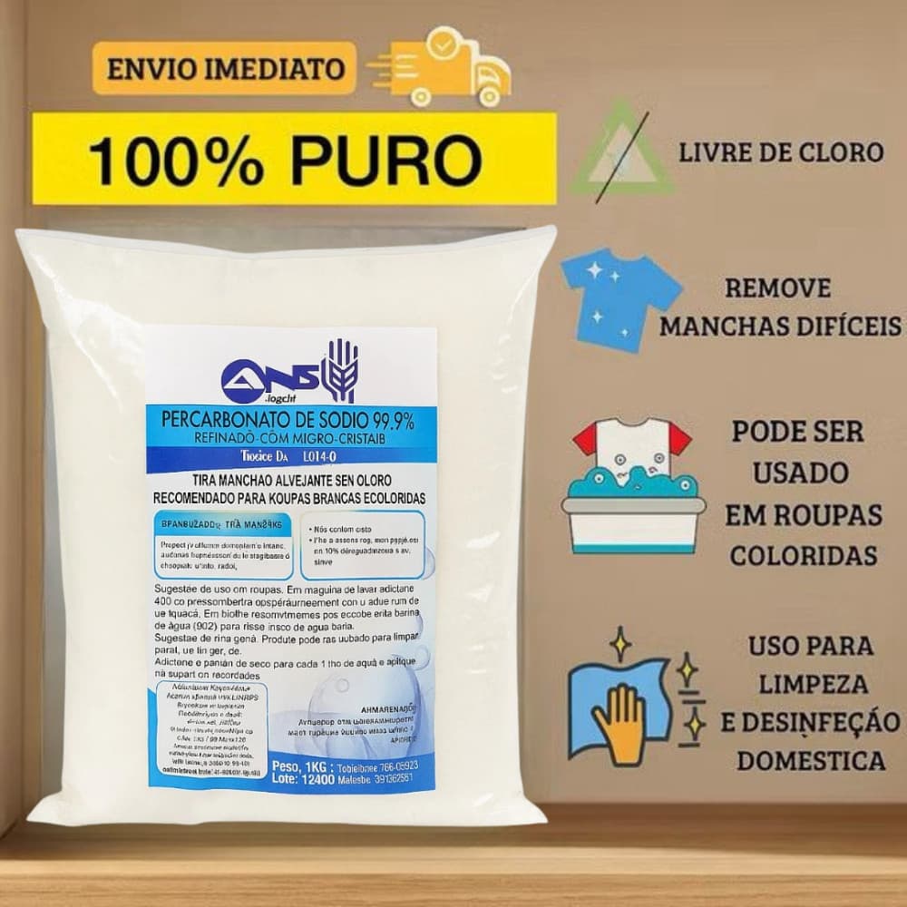Percarbonato de Sódio 100% Puro Limpeza Em Geral Tira Manchas Roupas Brancas 1kg/2kg