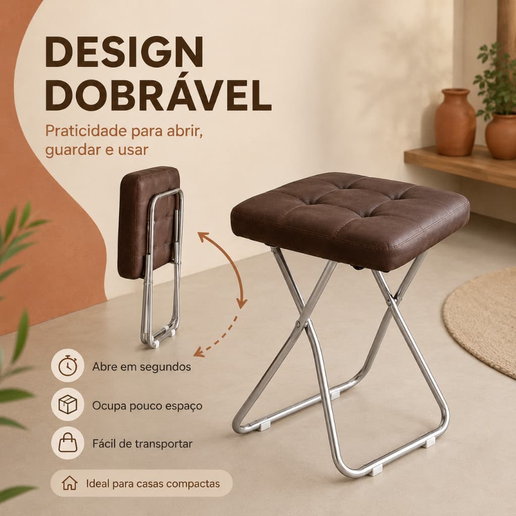 Banquinho Dobrável Estofado Marrom, Estrutura Metálica Cromada,  Varanda, Viagens E Casas Pequenas