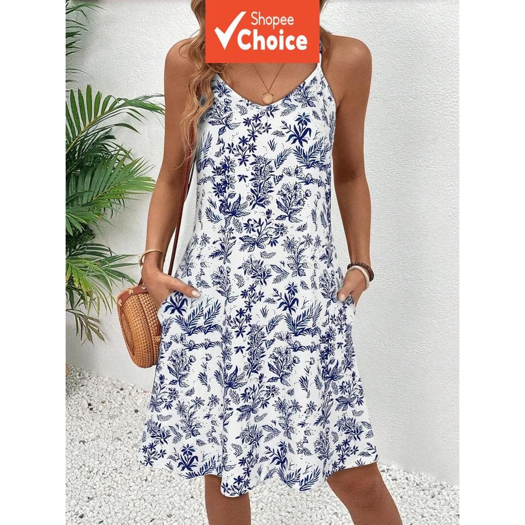 Vestido Feminino com Decote em V e Alças Finas, Estampa Floral Azul, Solto, Linha A, com Bolsos, Casual de Verão para