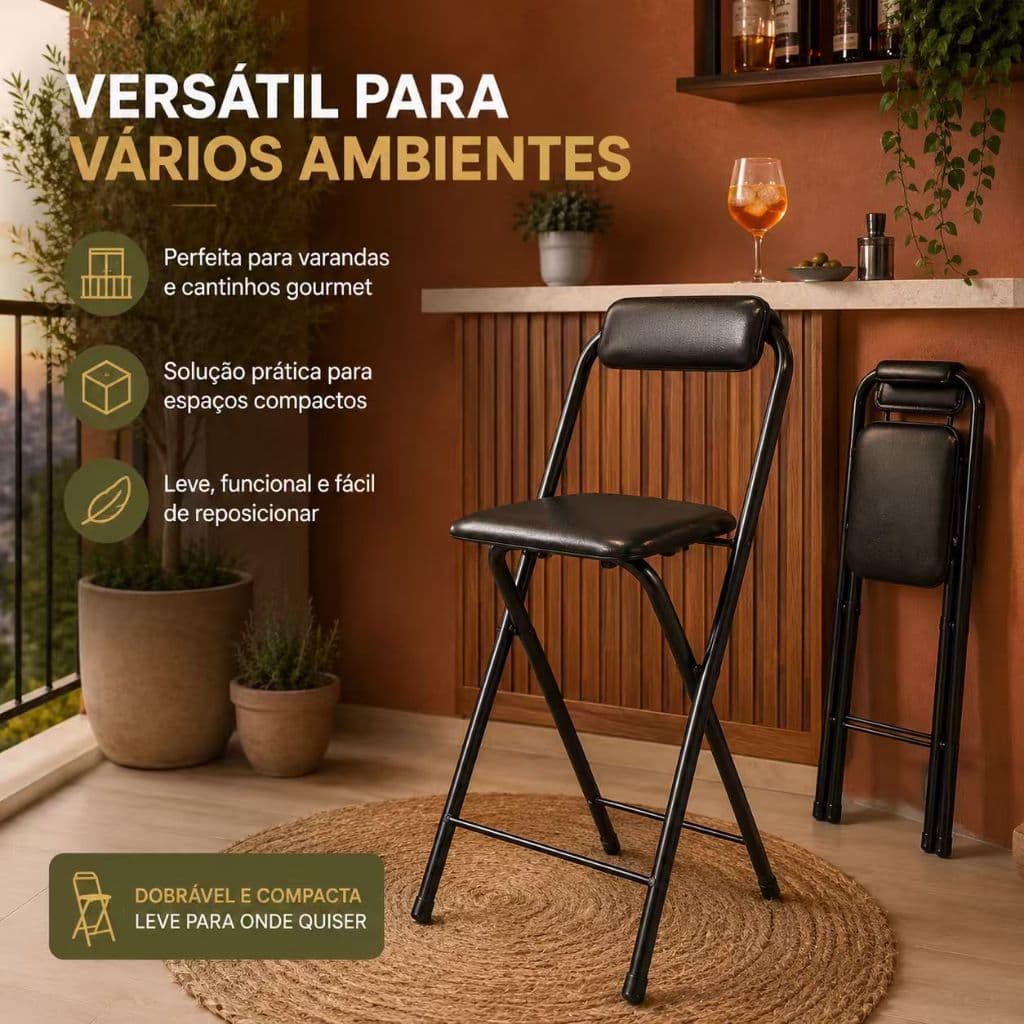 Banqueta Dobrável Alta Com Assento E Encosto Acolchoados Em Couro Sintético, Estrutura Metálica Preta Resistente