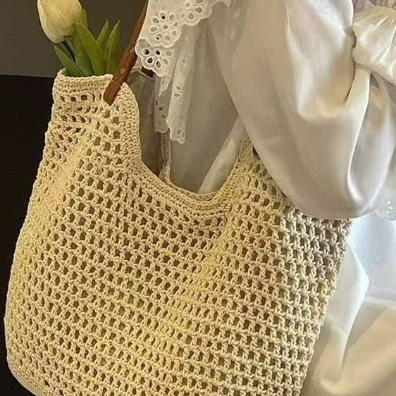 Nova Bolsa de Verão Tecida, Sacola Vazada, Grande Capacidade, de Ombro Único, Bolsa de Mão para Viagens de Praia, Tecida