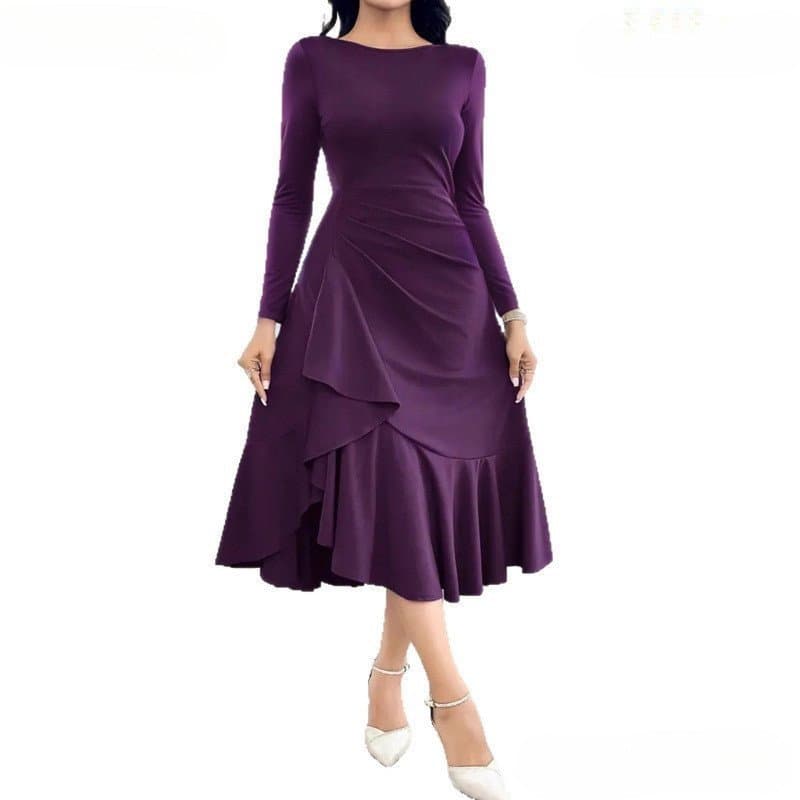 Vestido de Festa Feminino Elegante Francês de Manga Longa e Gola Redonda em Cor Sólida