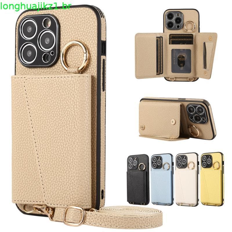 Capa de Carteira com Espelho de Maquiagem e Cordão para iPhone 16 17 Pro 15 16 Pro Max 17 14 Pro com Bolsos para Cartões