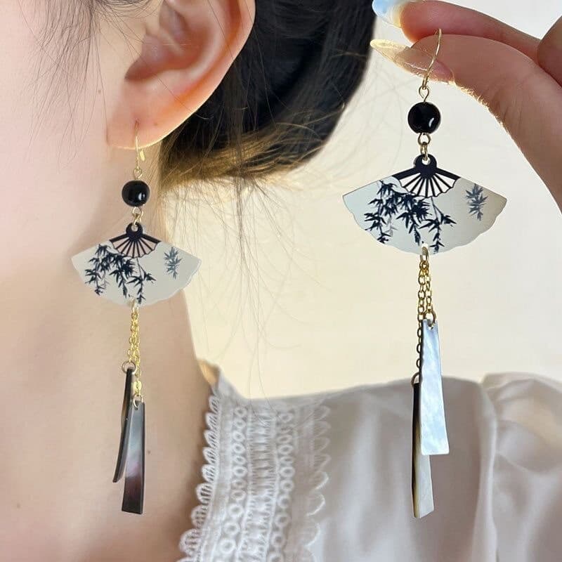 Retro novo estilo chinês tinta bambu em forma de leque borla brincos elegantes novo estilo High-End personalidade elegan