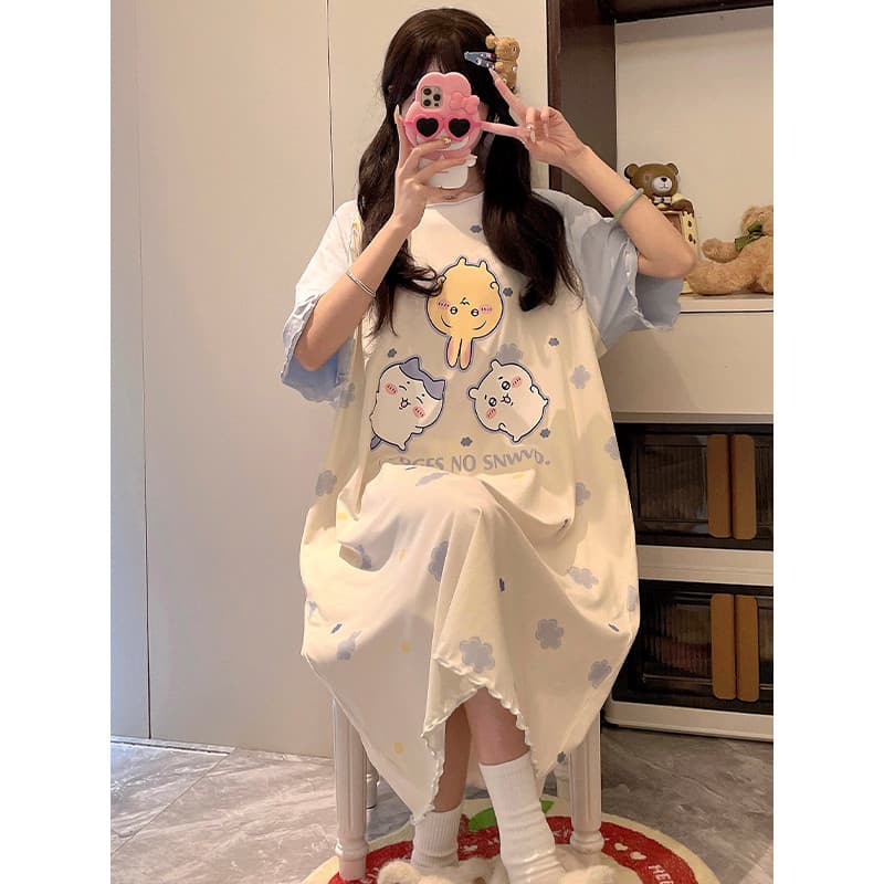 Camisola feminina verão Modal doce bonito manga curta saia de comprimento médio pode usar fora pijamas soltos Homewear