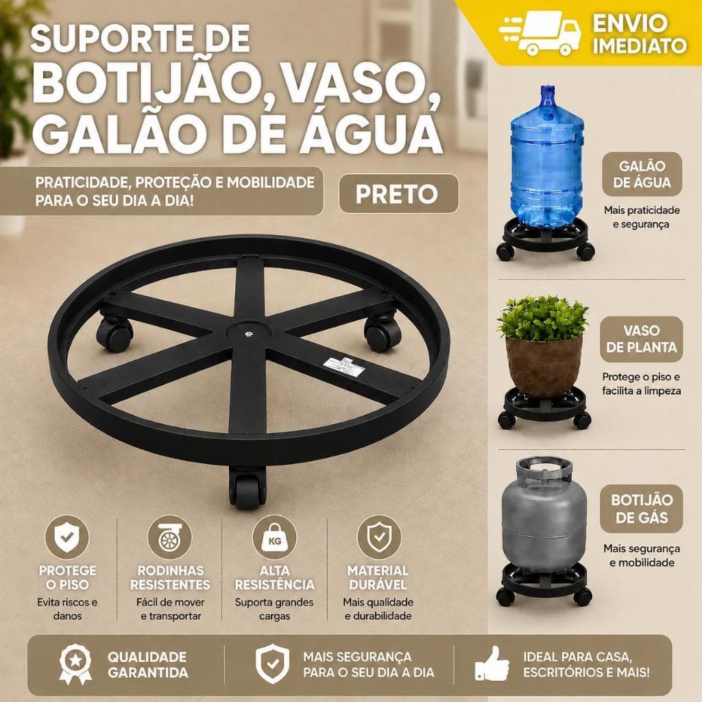 Suporte Apoio Botijão Gás Vaso Galão Água Base Rodinha Preto